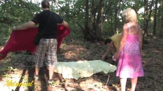 Granny's Woods Whore Gets Banged by Two Horns