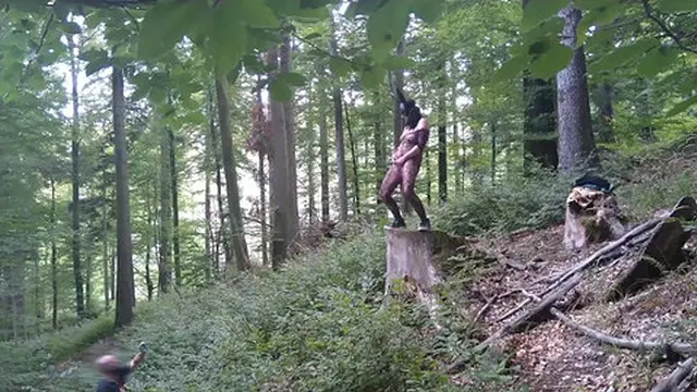 Outdoor peeing in the forest with a bunny mask and fishnet